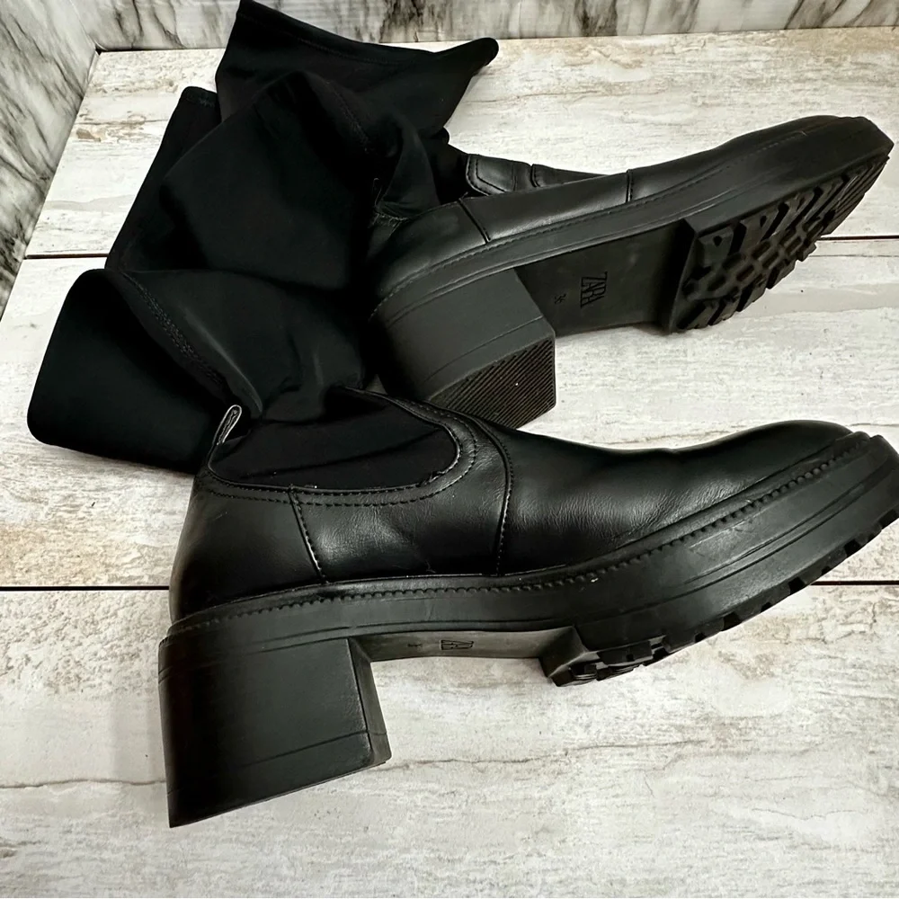 Zara Womens Sz 36 US 6 Black Stretch Knee High Boots Lug Bottom Wide Shaft Moto
